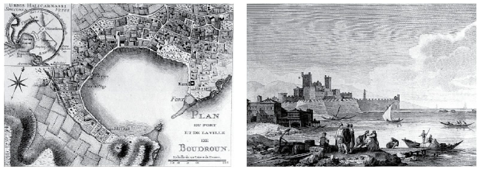 Fransa’nın İstanbul Konsolosu ve aynı zamanda arkeoloji meraklısı bir gezgin olan Choiseul Gouffier’nin 1782 yılında Fransa’da yayınladığı “Voyage pittoresque de la Grece” kitabından bir gravür. Harita çizimi dönemin ünlü Fransız gravür sanatçıları F. Kauffer ve J. Perrier’ye ait. Her iki görselde de Bodrum adı “Boudroun” diye geçiyor.