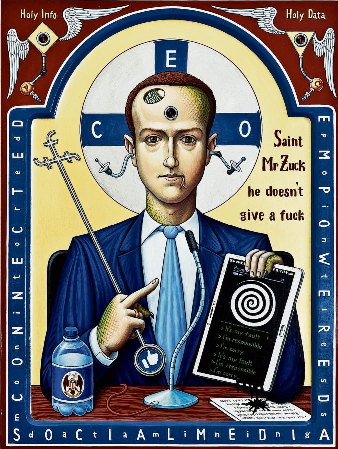 Aleksander Todorovic, Saint Mr. Zuck, 2018, Ahşap levha üzerine tempera, akrilik, altın ve paladyum varak, 30x40 cm, Sanatçının izniyle